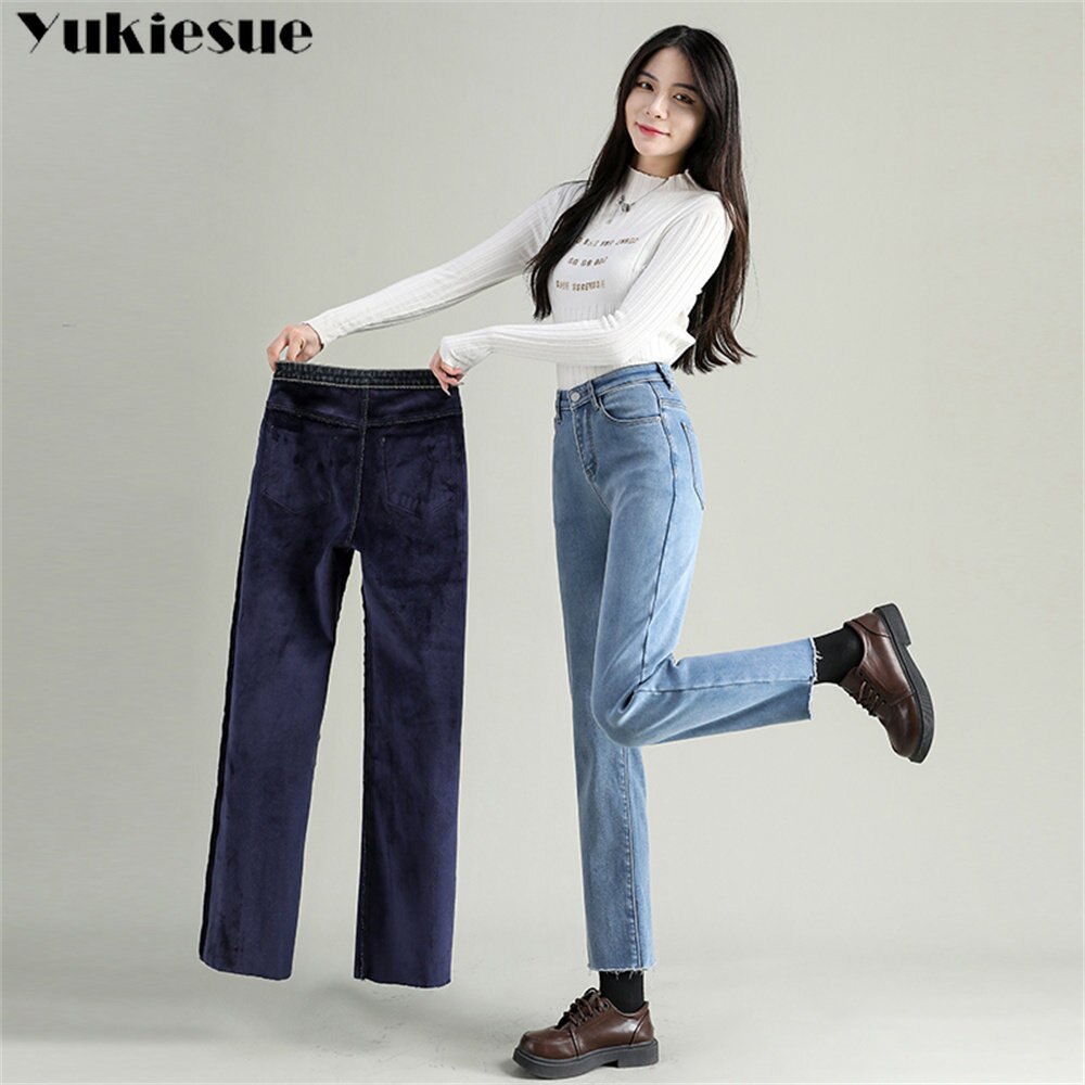 Winter Korean Thick Velvet Women Loose High Waist Retro Warm Slim Fit Stretch Wide leg trouser Ladies Casual Denim S